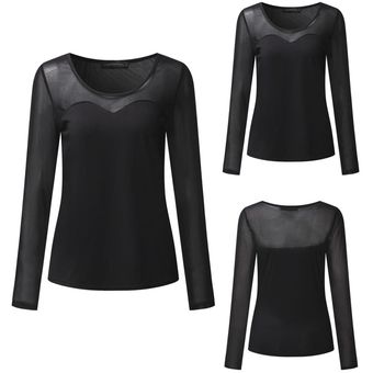 Negro ZANZEA mujeres blusas través de una malla ocasionales adelgazan las camisas Tops sólidos Blusas de manga larga cuello de O Tee más el tamaño 