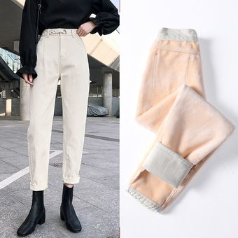 Pantalones vaqueros gruesos de invierno para mujer pantalón vaquero sólido de cintura alta #Beige Bootcuts negros ajustados e informales P9557 XYX 