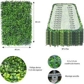 10 Pzas Muro Follaje Pared Verde Artificial 60 x 40 Cm