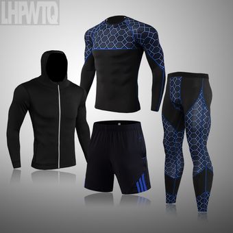#4-PC set 4 unidsset de los hombres trajes de deporte de secado rápido corriendo conjuntos de manga larga ropa de entrenamiento gimnasio chándales corredores deportivos 