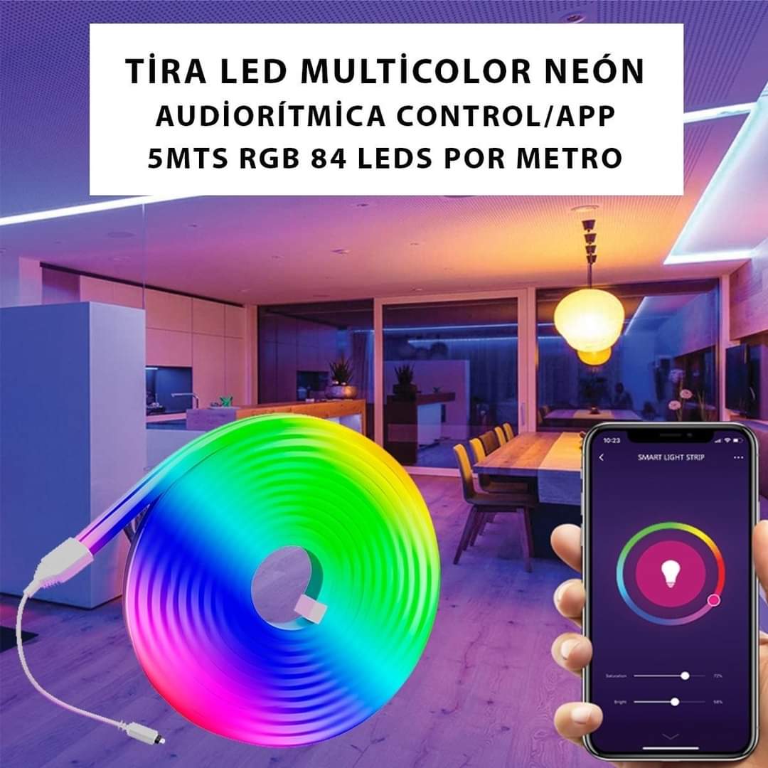 Tira Led Multicolor Neón Audio rítmica Con Control + App 5mts Rgb