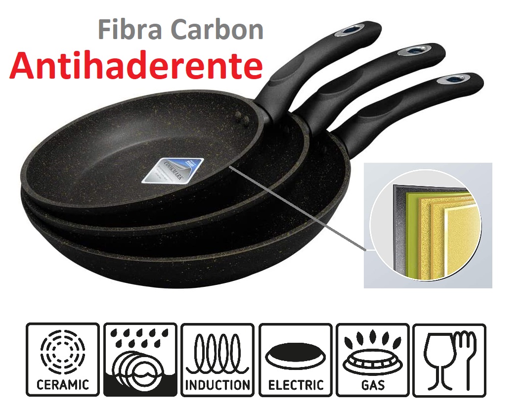 Juego Sartenes Antiadherente 3pz Fibra De Carbon 20 24 28cm
