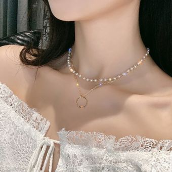 Dainty Pearl Flower Bow_knot Choker Necklace Long Chain Pearl Heart Gold Coin Pendant Necklaces For 