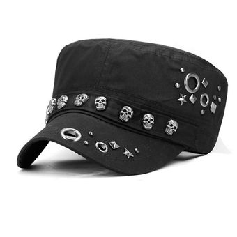 Beckyruiwu Adult Hip hop Punk Rock Skull Rivet Flat Peaked Hats Men 