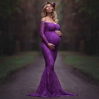 Mujeres Vestidos largos de manga larga de encaje de maternidad Vestido de sesión fotográfico 