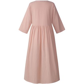 Rosa ZANZEA elegante de las mujeres suelta el botón lateral Tenedor vestido vestidos O-Cuello sólido más el tamaño 