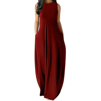 Vestido largos con bolsillos sin mangas con cuello redondo de verano casual para mujer Amarillo 
