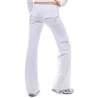 Pantalones de yoga Deportes Bolsillos elásticos Tamaño de las mujeres Pantalones de botones 