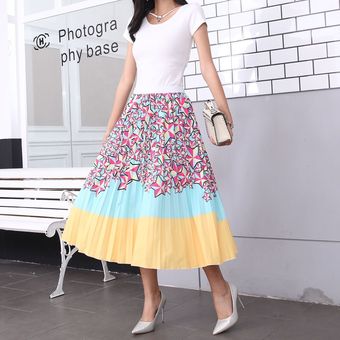 Falda plisada de verano para mujer falda de cintura alta con estamp 