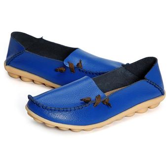 Manera de las mujeres grandes del tamaño suave cómoda de cuero ocasionales de múltiples vías barco plano zapatos de los holgazanes lago azul 