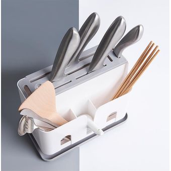 Portacuchillos de cocina de plástico multifuncional-Gris blanco 
