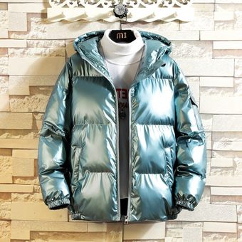 #Blue Parka de invierno para hombre,chaqueta acolchada brillante,ropa inf~ 