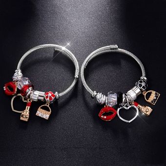 Pulsera de plata con abalorios para mujer cristal #Red-Heart Ball brazalete de labios rojos corazón grande regalo de San Valentín 