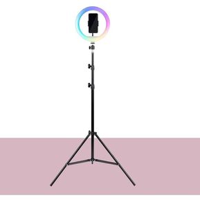 Aro luz led Havit ST7026 10" 26 cm + trípode regulable de 72cm a 2.10 m, iluminación RGB Ideal para maquilladores, bloggers y personas creativas (grabar videos YouTube, Instagram, TikTok,etc). Color Negro