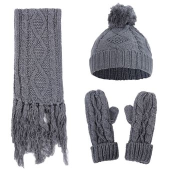 3 In 1 Mujer Invierno Cable De Diamante Cable Tapa Térmica Sombrero De 