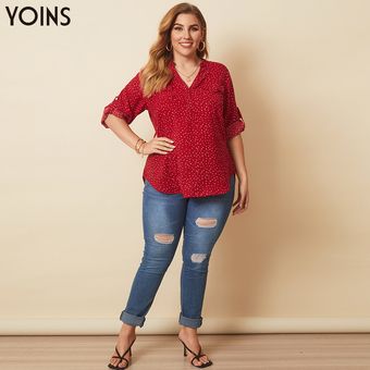 Rojo YOINS más el tamaño V-cuello del lunar de la blusa de manga larga 