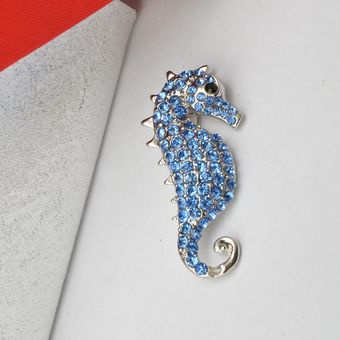 2x Pin Broche de Rhinestone Patrón Caballo de Mar Color Plata Azul 