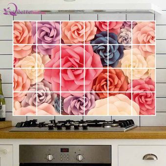 PVC impermeable papel de aluminio etiqueta de la pared azulejos cocina baño flor rosa tatuajes de pared decoración del hogar 