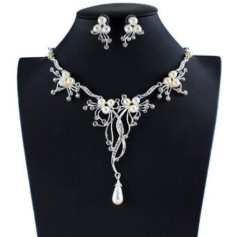 Jia Yi Jia Imitación Collar De Perlas Pendientes Plata Joyas 