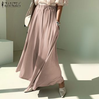 Rosa Pantalones para mujer ZANZEA elástico de la cintura Tamaño Culottes Palazzo plisadas señoras Pantalones Plus 
