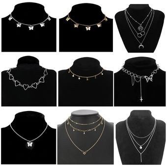 Vintage Multilayer Pendant Butterfly Necklace for Women Butterflies Moon Star Charm Choker Necklace 