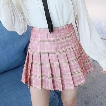 faldas cortas japonesas de Corea,Mini faldas para mujeres de cintura alta,faldas casuales plisadas a cuadros de color rosa Kawaii para tenis #Fuchsia 