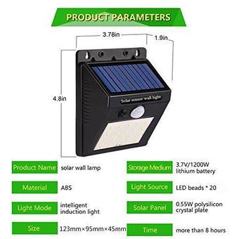 20 LED de energía solar Luz de pared con control de luz al aire libre Impermeable IP65 Jardín inalámbrico 2835smd Lámpara de seguridad BLANCO 