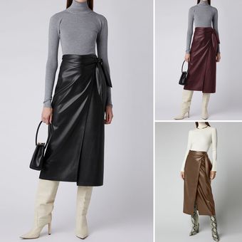Caqui ZANZEA ocasional de las mujeres frente del lazo del vestido del cuero del abrigo manera de la falda falda larga Midi 