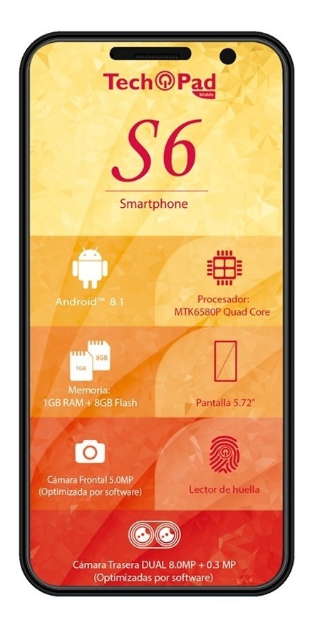 Smartphone Tech Pad S6 1GB RAM Lector de Huellas Dual Sim 3G