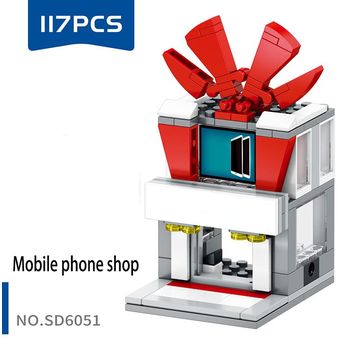 Mini Tienda Urbana de comida dulces pizzería bloques de construcción juegos de escenas arquitectura juguetes para niños vista del mercado HON 