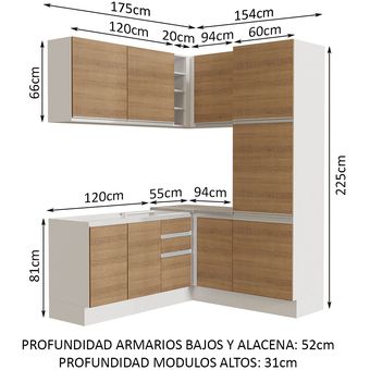 Cocina en kit blanco 300 cm con 2 módulos altos horizontal + 5 módulos  bajos