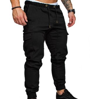#BLACK Pantalones de cordón largo para hombre,pantalón informal,Del 