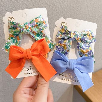 Lado impreso horquilla Xwen-Conjunto de 2 unidades de lazos florales para niña accesorios para el cabello de moda OH2137 adorno de pelo para niños Clip flequillo 