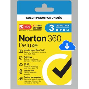 Combo Norton 360 Deluxe 25GB para 3 Dispositivos 12 Meses + Norton