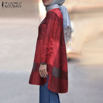 Vino rojo ZANZEA Muslimah Mujeres Musulmanas Abaya Casual Tops manga larga camisa de la blusa asimétrica Hem 
