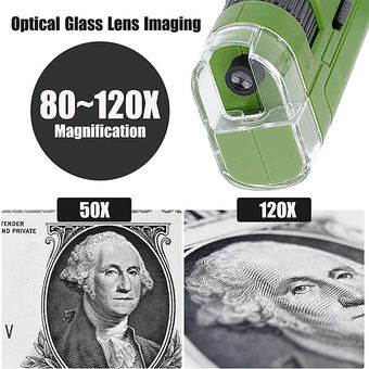 Mini microscopio de Bolsillo con Adaptador para teléfono móvil Verde Microscopio de Mano portátil 80~120x para niños y Principiantes 