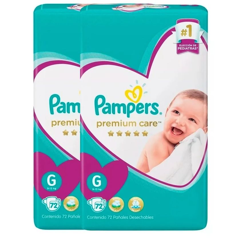 2 Paquetes Pañales Pampers Premium Care 144 Unidades Talla G⇒ Mejor