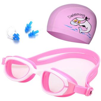 conjunto con rizador para la nariz tapones para los oídos máscara con gafas de buceo Gafas de natación impermeables para niños y niñas gorro de piscina 