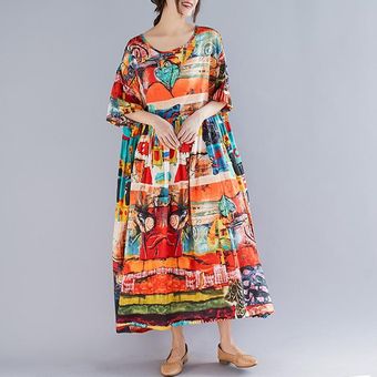 naranja ZANZEA verano de las mujeres ocasionales flojas Resumen de impresión de manga corta cuello O Maxi vestido más del tamaño 
