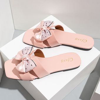 Zapatillas con lazo para mujer Sandalias planas con diamantes de imitación 