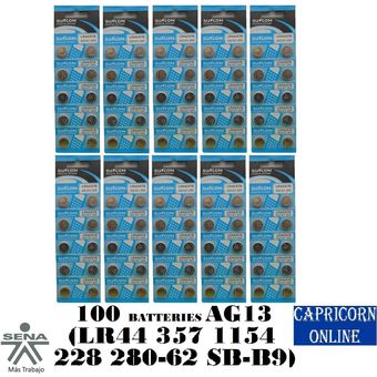 Pack 100 Baterías Pilas AG13 (LR44/A76/357/SR1154) 1.55V Alcalinas
