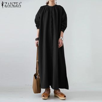 ZANZEA Mujeres largo Kaftan Abaya Vestido maxi sólido simple camisa básica de vestir Negro 
