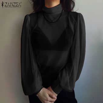 Negro ZANZEA partido de las mujeres de coctel del club Tops ver a través de malla de camisa blusa pura Pullover Plus 