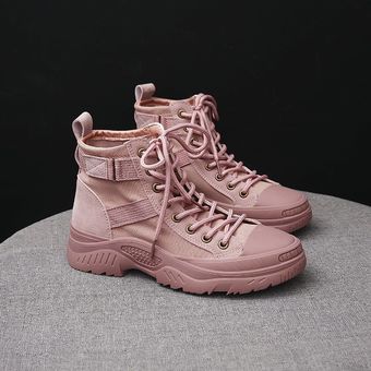 Zapatos de lona de caña alta estilo coreano salvajes botas gruesas ocasionales Martin rosa 