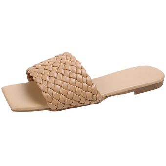 Zapatillas de temperamento trenzadas con punta abierta para mujer  Sandalias planas informales para playa y vacaciones #Khaki 