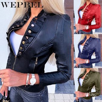 WEPBEL-Chaqueta corta de cuero sintético para mujer abrigo ajustado 