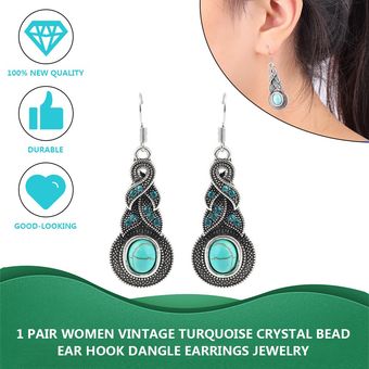 1 par de mujeres Vintage Vintage Turquesa Cuentas de cristal Gancho de oreja Pendientes Pendientes Joyería 