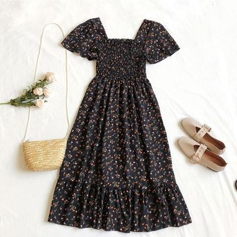 #square neck dress Vestido Floral bohemio con mangas abullonadas,vestido con cuello cuadrado para mujer,Vestidos playeros Vintage para verano del ropa con volantes y Kawaii Coreano 