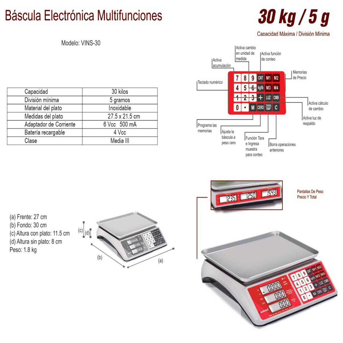 Bascula Comercial Electronica Multifuncion 30Kg Vinson Rhino