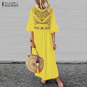 ZANZEA de las nuevas mujeres de Boho floral de la playa de vacaciones en Long señoras vestido maxi vestidos Vestido de tirantes Amarillo 